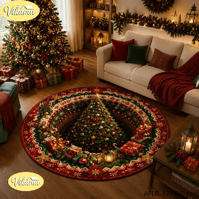 VIKAMA Christmas Tree Rug, Round Holiday Living Room and Bedroom Carpet, Fireplace Decor Rug, Festive Christmas Home Decor Mat