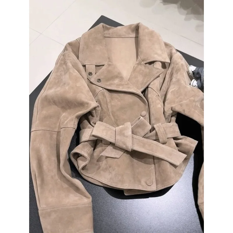 

Maillard Retro High Grade Flip Collar Suede Short Coat for Women Autumn Waist Motorcycle Jacket Female Clothing