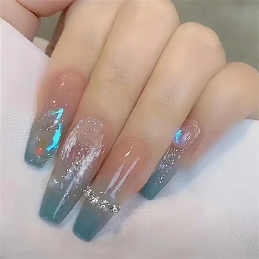 24Pcs/Set Burst Popular Transparent Colour Wearing False Nails Drilling Models Burst Flash Press on Nails Long Fake Nails Tips