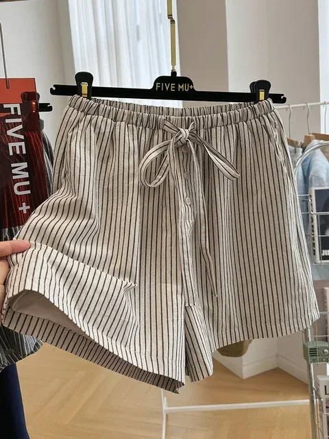 Zomer Pantalones Cortos De Mujer Casual Gestreepte Rechte Shorts Voor Vrouwen 2025, Nieuwe Bodems Bandage Mode Wijde Pijpen Broek