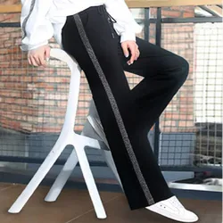 Spring New Korean Simple Women Flare Pants Solid Patchwork Stripe Elastic High Waist Loose Sport Casual Straight Trousers