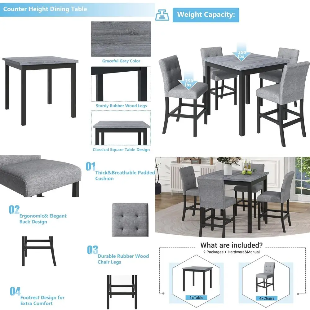 

Обеденный комплект из 5 предметов для столовой: квадратный деревянный стол и стулья-табуреты, столешница с подставкой для ног и 4 мягких стула с высокой спинкой