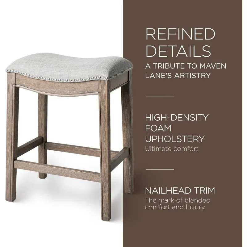 Adrien 26 Inch Counter Height Upholstered Backless Saddle Barstool in Reclaimed Oak Finish with Ash Grey Fabric Cushion Seat