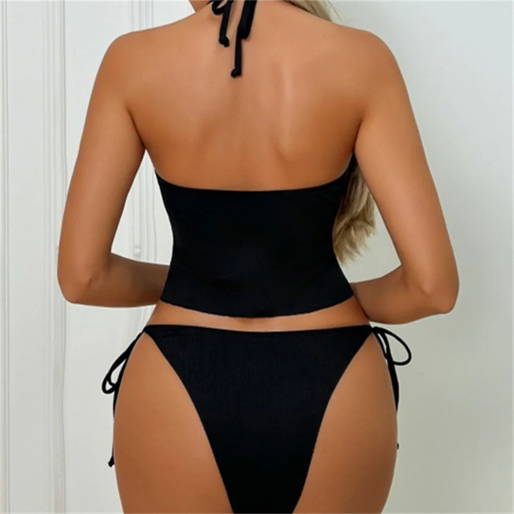 Sexy Black String Bikini Set Shell Border Swimsuit Halter Backless Women's Bikinis and Tankinis Vacation Swimwears Beach Outfit