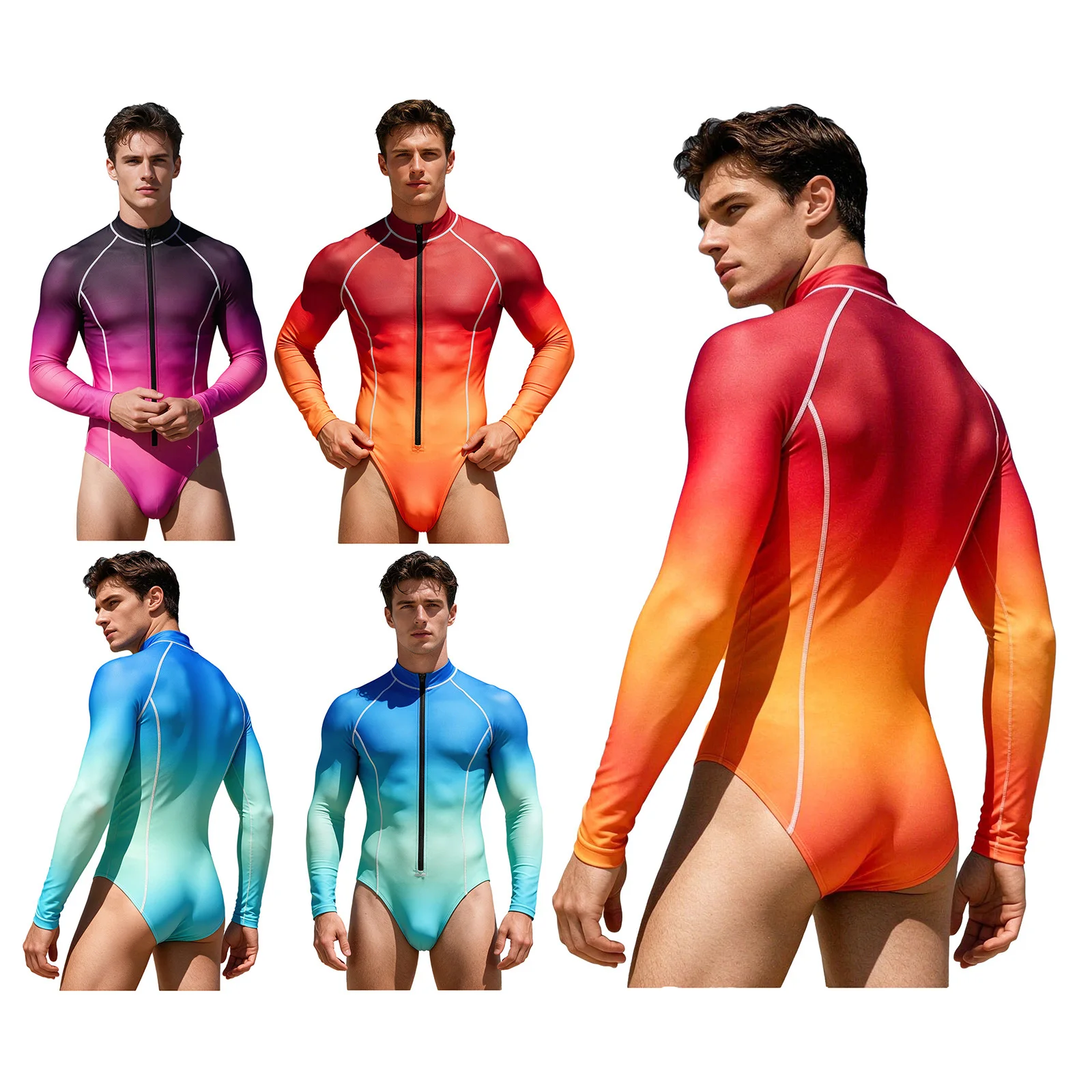 Mens Gradient Swimming Bodysuit Swimsuit One Piece Stand Collar Long Sleeve Leotard Swimwear Zipper Front Quick-dry Leotard