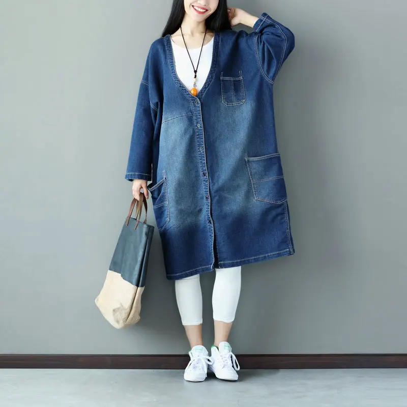 2025 female new autumn and winter  plus size washed do old patchwork printing cardigan loose long section outerwear denim trench