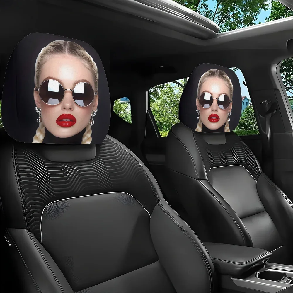 2pcs, Vintage Glasses with Red-Lipped Lady Print Car Headrest Covers, Interior Decoration, Easy to Install And Wash