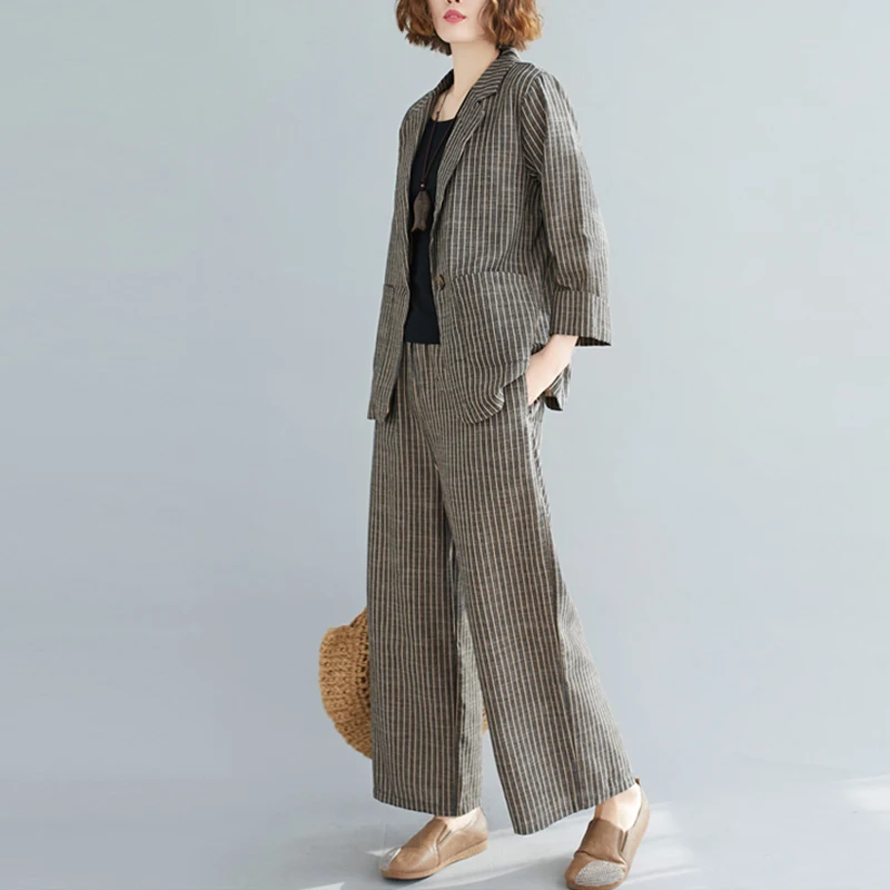 Vintage Cotton Linen Pant Suits for Women, Striped Office Lady, Wide Leg Pants, Female Clothing Set, Top Quality, Autumn, Winter