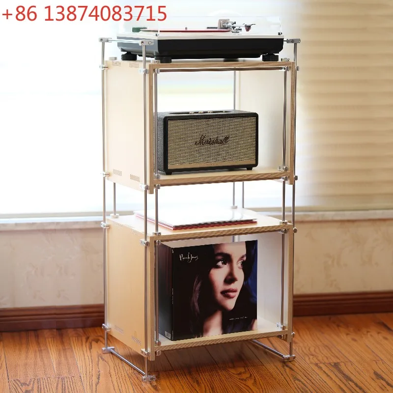 Floating metal solid wood bookshelf, magazine vinyl record cabinet, storage and storage, Bauhaus vintage style