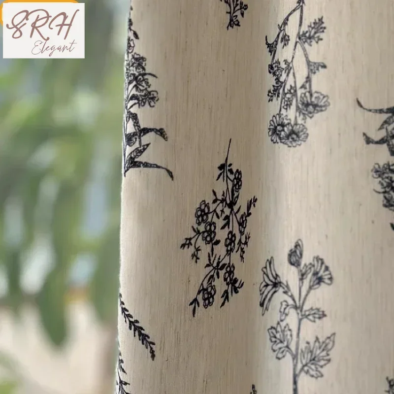 

Customized Cream Color Black Plant Embroidery Cotton Linen Thickened Curtains For Living Room Bedroom French Window Balcony