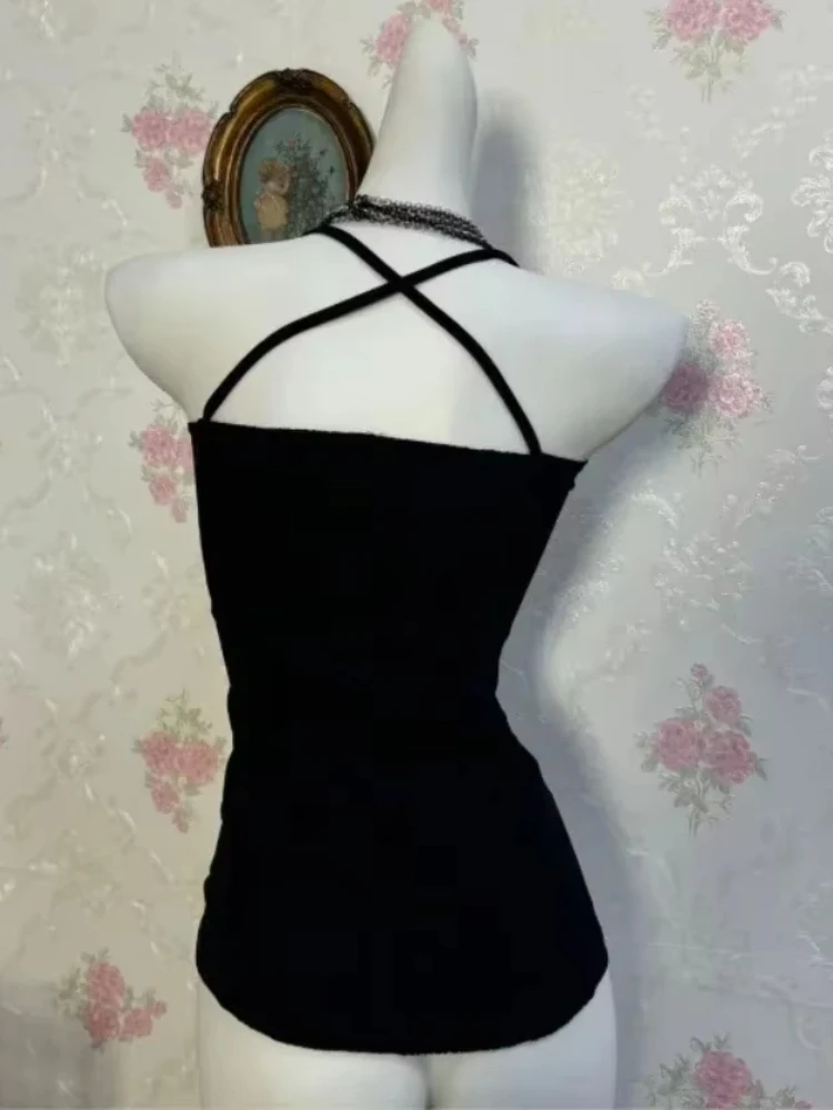 الصيف Y2k ثقافة فرعية الشرير خمر وهمية قطعتين الرسن القمم المرأة مثير القوطية الأمريكية الرجعية عادية شيك التفاف الأسود الصدر Vset #3