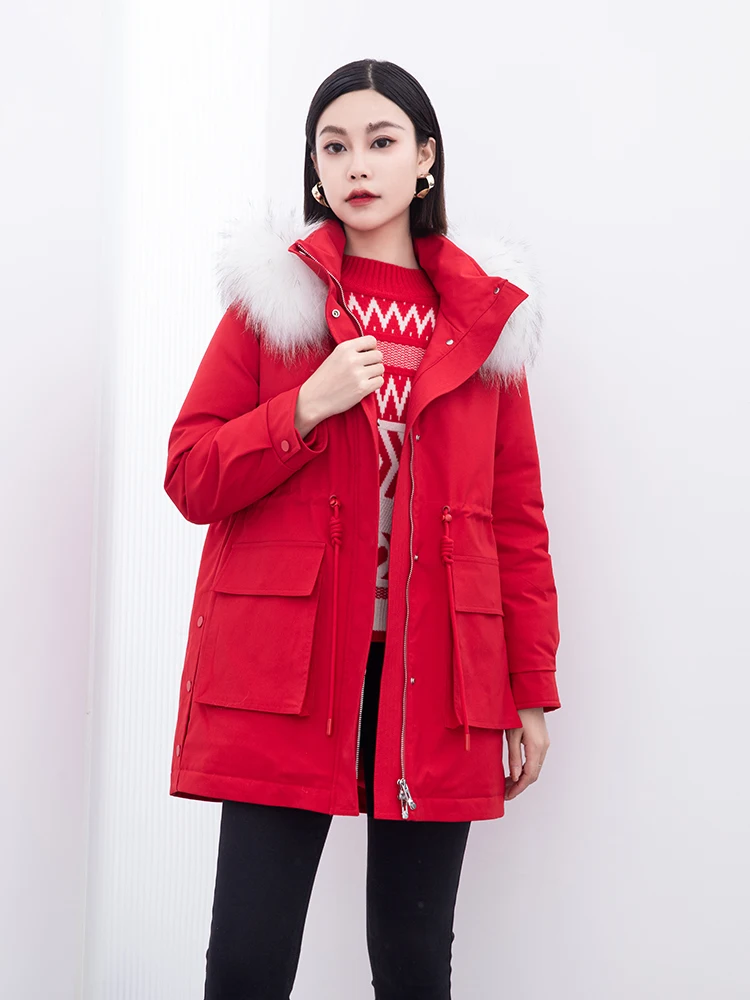 

Red down Jaet Hooded Fur Collar Mid-Length Workwear Sle Casual Outerwear Women's Winter New Poem Dr Coat