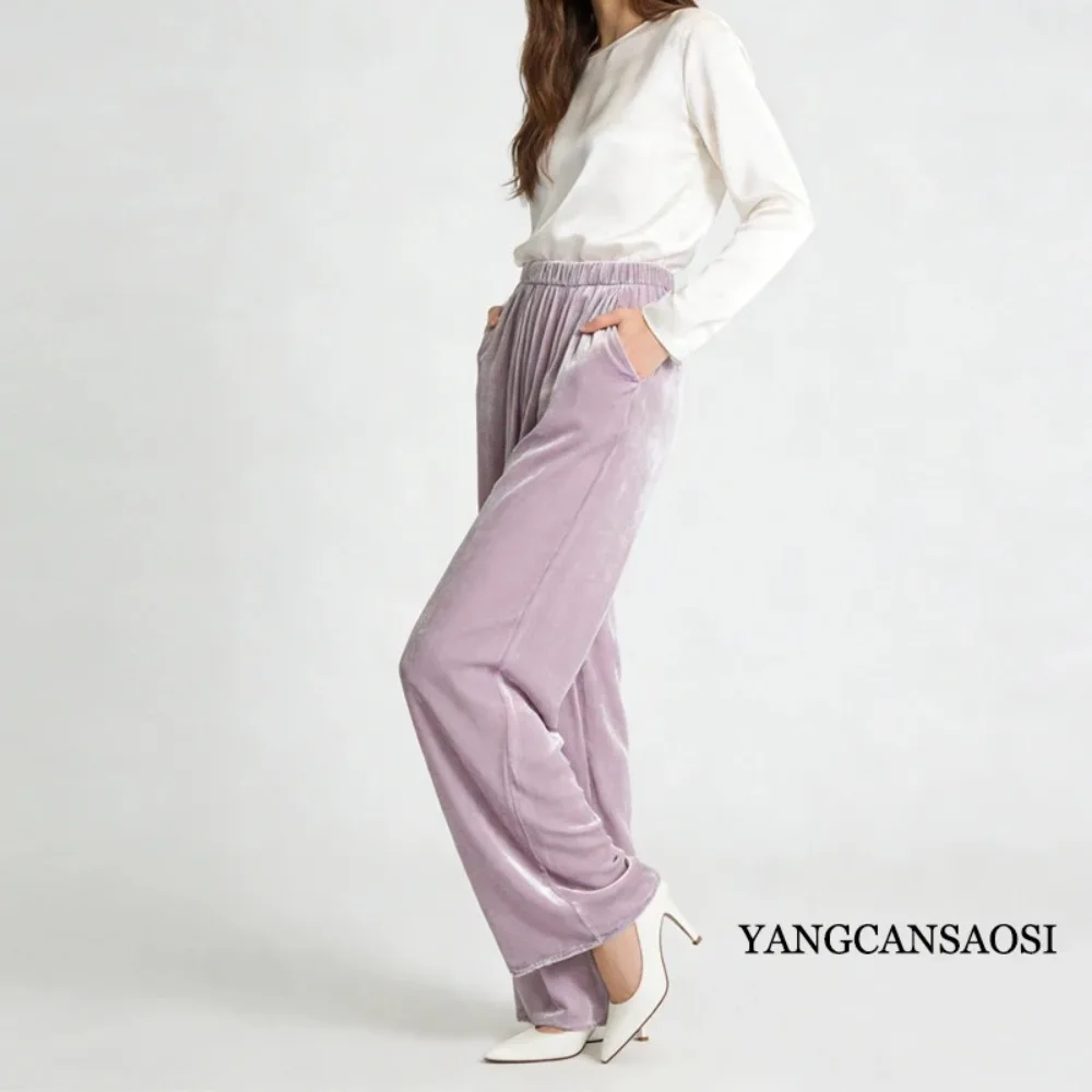 30% Natural Mulberry Silk Velvet Trousers, Women's Fashionable Elastic Waist Pocket Design Straight Leg Pants, 2026 Spring New