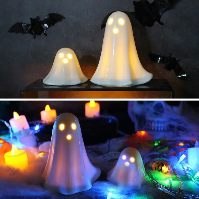 Ghost Night Light Ceramic Halloween Ghost LED Night Light Ghost Shape Night Lights Battery Operated Lamp For Halloween Parties