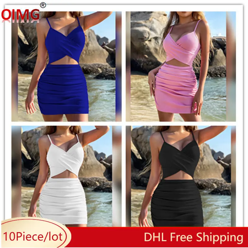 10 Wholesale Sexy Spaghetti Strap Dresses Summer Women V-neck Hollow Out Mini Dress XS Sheath Bodycon Dress Night Club Wear 9914