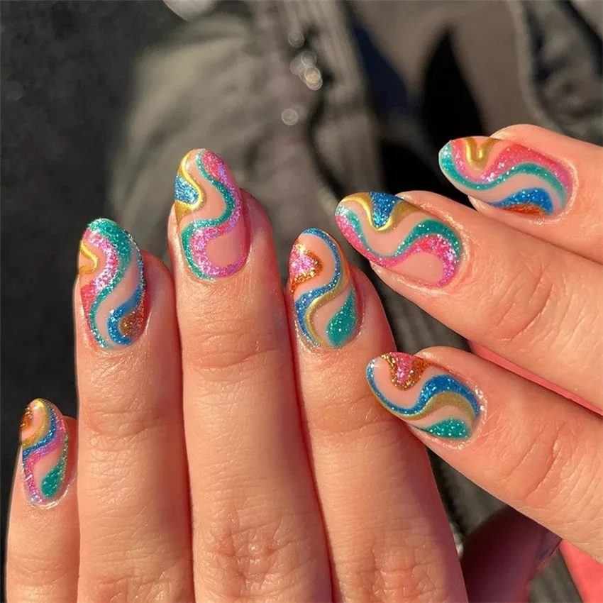 24 Uds gota de agua colorida decoración de uñas cubierta completa prensa Artificial en uñas Set uñas postizas cápsula de punta de uña falsa extraíble sin costuras