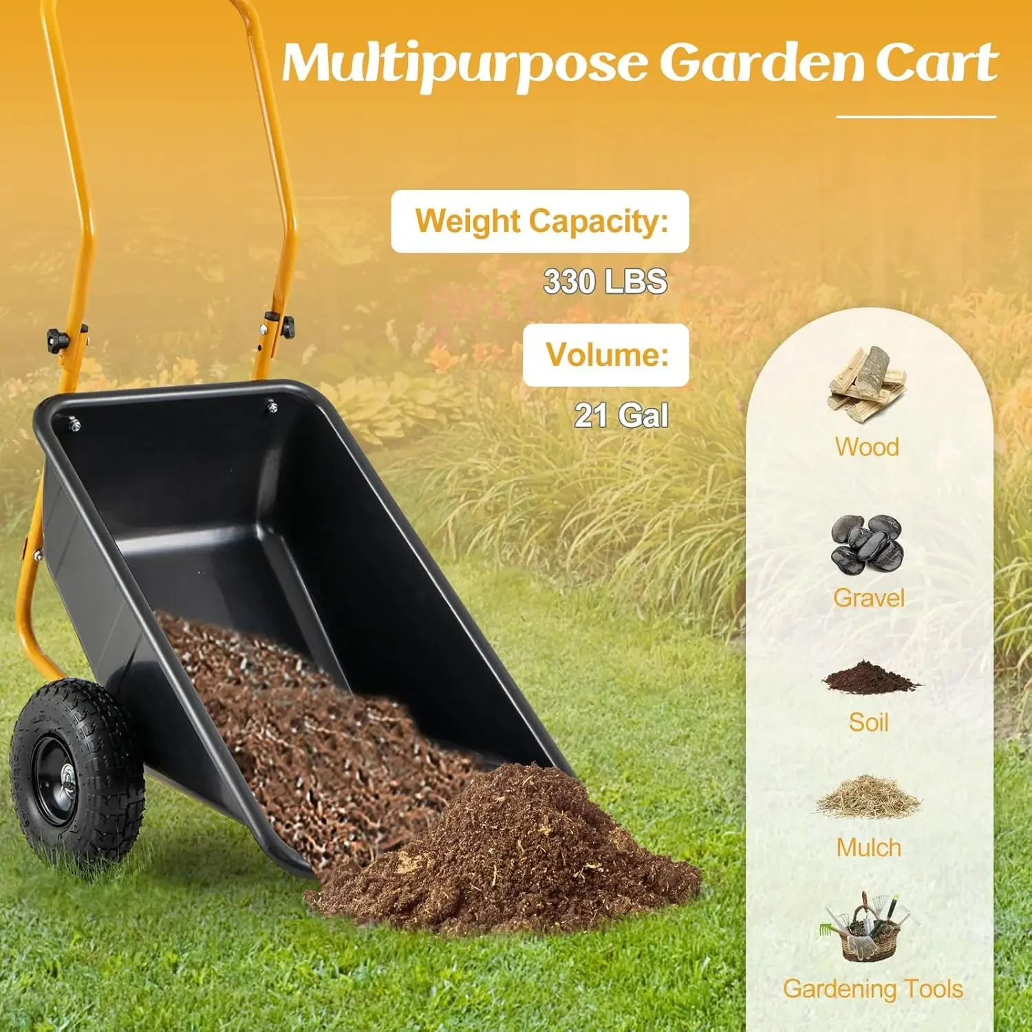 Garden Utility Cart w/Pneumatic Tires, 330LBS Capacity, 21 Gal Volume, Foldable Handle, Yard Lawn Dump Cart for Moving Soil Gard