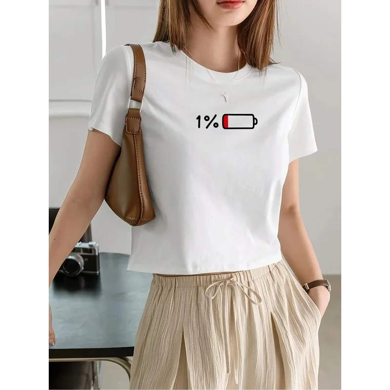 White 1% Battery Print Short T-Shirt Summer Loose Casual Versatile Top for Women