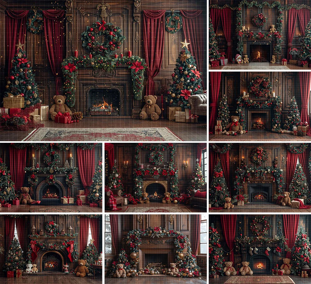 Mehofond التصوير خلفية الشتاء عيد الميلاد الموقد نافذة أشجار عيد الميلاد الاطفال الأسرة صورة ديكور خلفية استوديو الصور