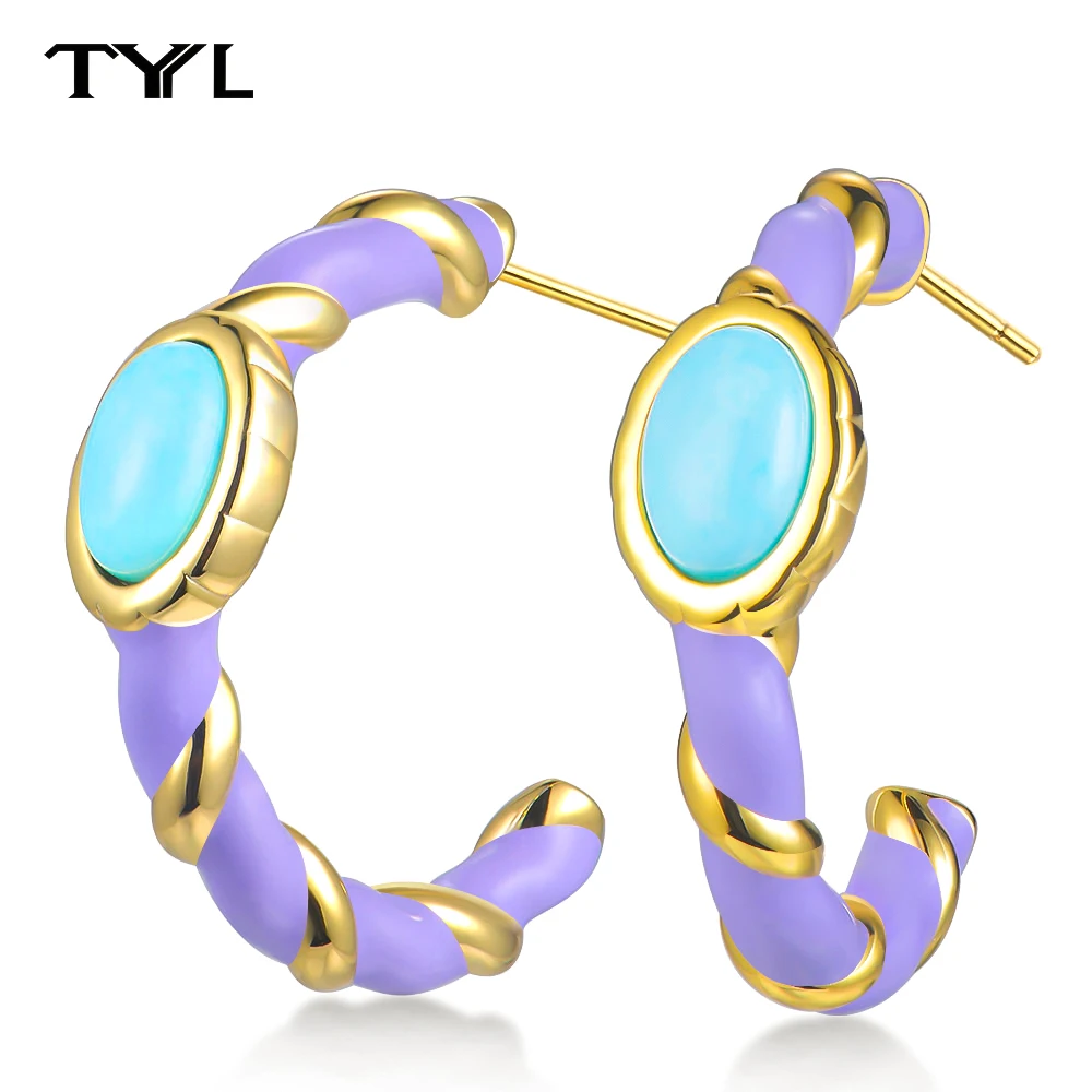 

TYYL Retro Drip Glue Earrings For Women 925 Sterling Silver Needle Created Turquoise Hoop Earring Female Wedding Party Jewelry