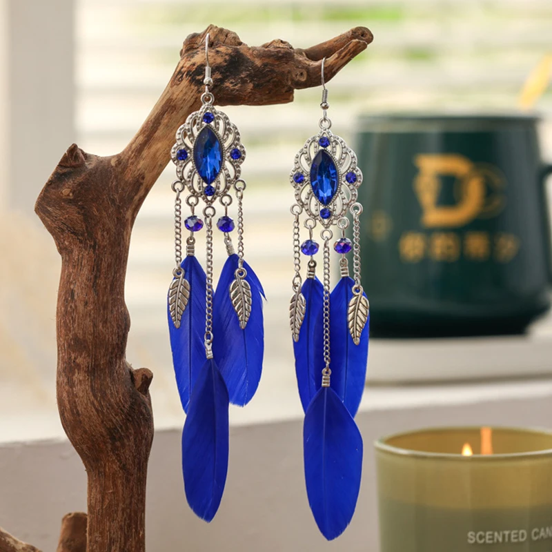 Fashion Temperament Bohemian Feather Earrings for Women Long Crystal Leaf Vintage Earring Female Wedding Party Jewelry