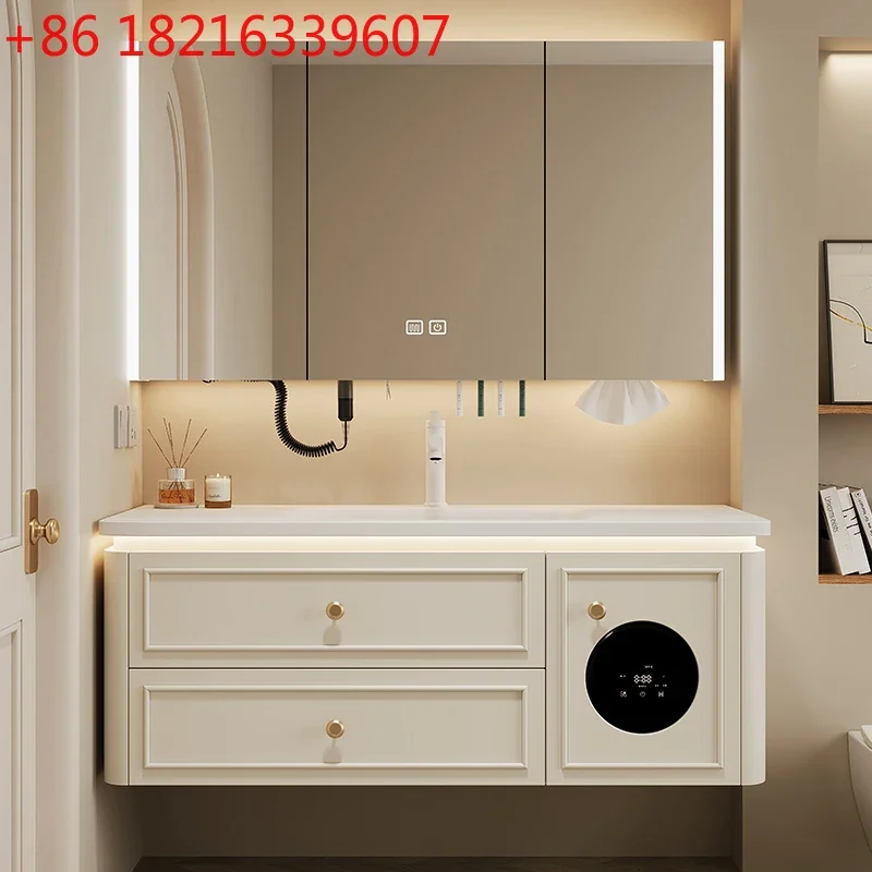 

Mini washing machine combined bathroom rock slab washstand oak bathroom cabinet integrated ceramic basin