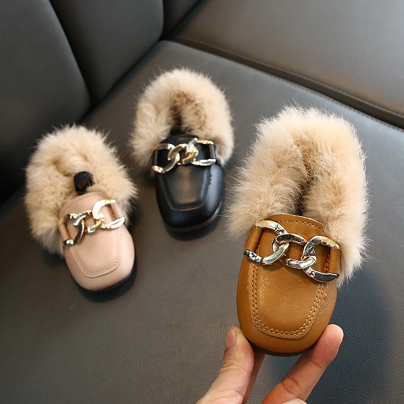 Winter Girl's Loafers Fluffy Metal Chain Three Colors Chic Children Flat Shoe Leisure Slip-on Pu Leather Comfy Kids Shoes 21-36