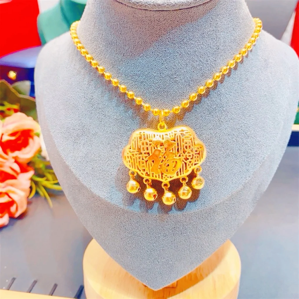 Hundred Blessings Longevity Lock Necklace Women 24K Gold AU999 - Adjustable length, proper size, elegant on neck