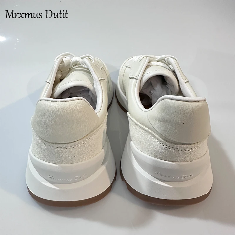 Mrxmus Dutit Women 2024 New Spring Fashion Leather Lacing Round Head Shoes Flat Thick Soled Shoes Solid Casual Versatile Sneaker