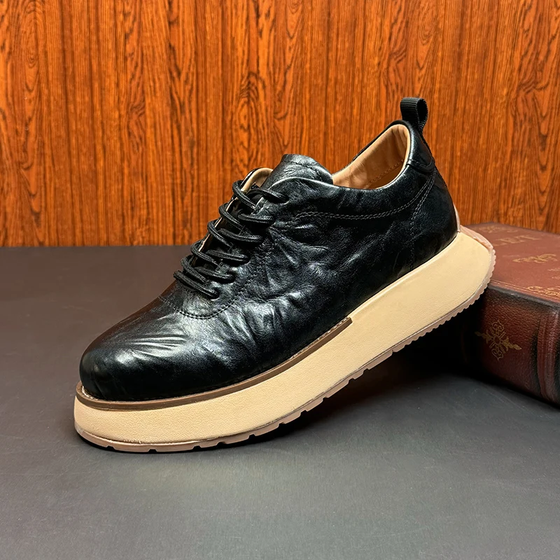 

New Fashion Men Casual Shoes Genuine Leather Thick Bottom Comfortable Outdoor Sneakers Lace Up Height Increase