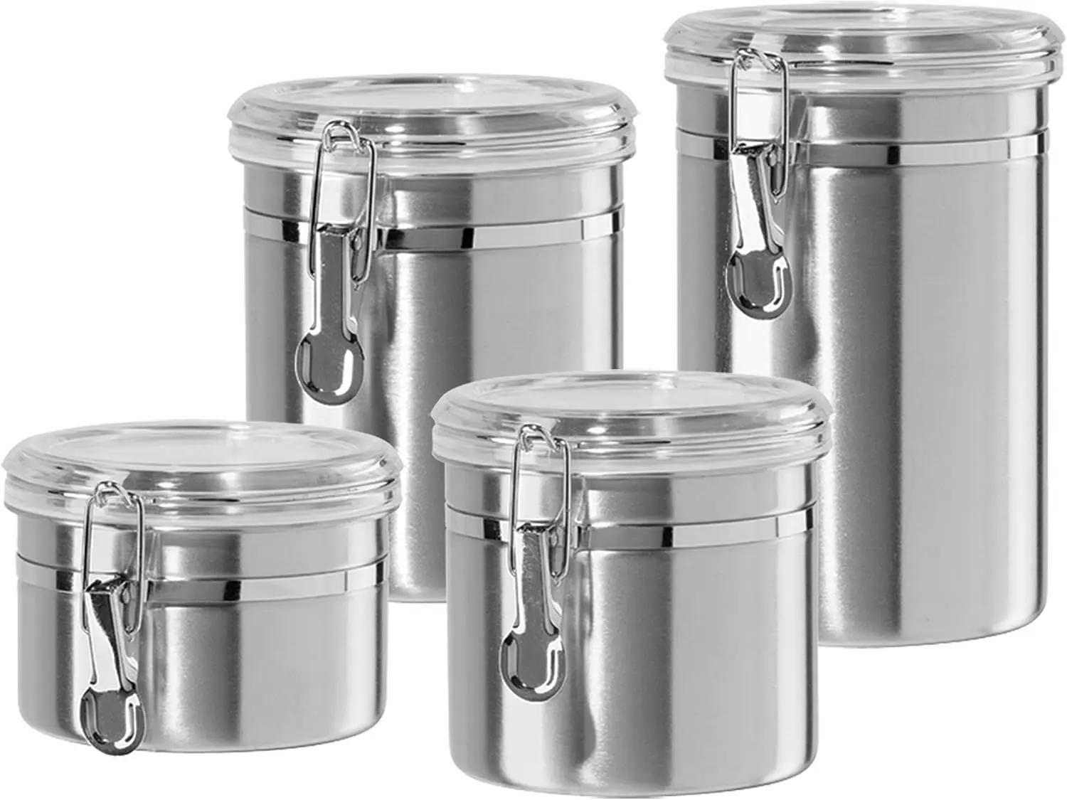 

Set of 4 Stainless Steel Airtight Kitchen Canisters with Clear Lids for Food Storage, Sizes 26oz to 62oz