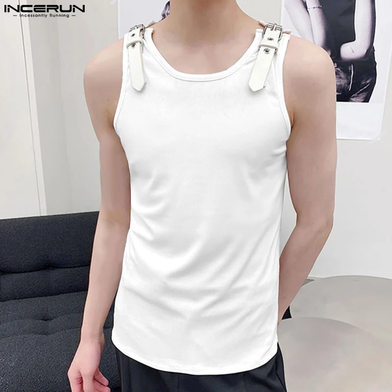 INCERUN Men Tank Tops Solid Color PU Leather Button Sleeveless Streetwear O-neck Vests 2024 Summer Fashion Men Clothing S-5XL