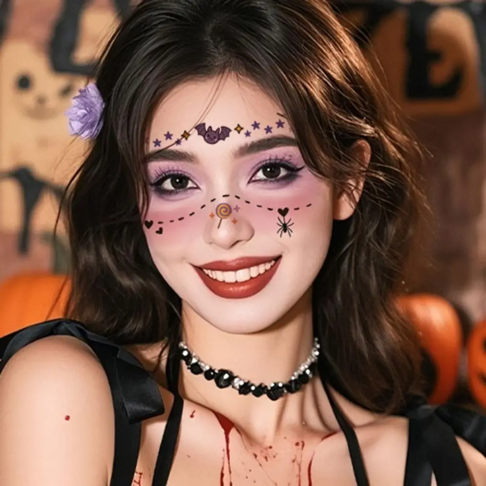 Disposable Halloween Face Tattoo Waterproof Portable Cheek Temporary Stickers Transparent Long-acting Bat Face Stickers Women