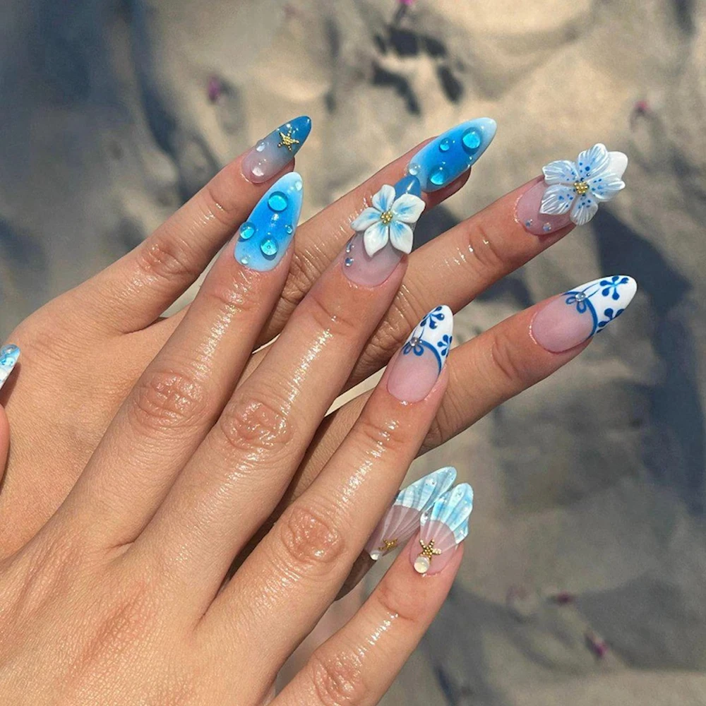 10pcs French Gradient Blue With Shell&Floral Press On Nails 3D Medium Almond Oceanic Design Fake Nails Y2K Summer Handmade Nails
