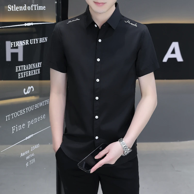 

Рубашка мужская с коротким рукавом, пикантная модная сорочка на пуговицах, топ в молодежном стиле, с отложным воротником, лето