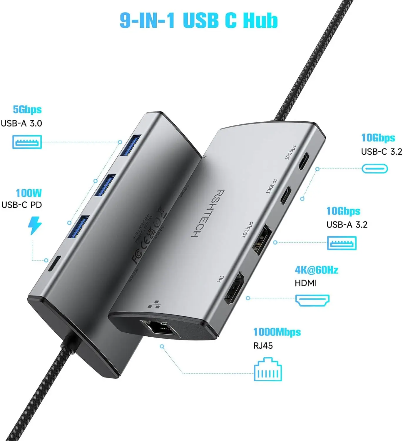 RSHTECH 9-in-1 Multiport USB C Hub with RJ45 1Gbps Ethernet Adapter 4K@60Hz 10Gbps 3x USB3.2 Ports and 100W PD USBC Dock for Laptops MacBook with Type-C/Thunderbolt Port