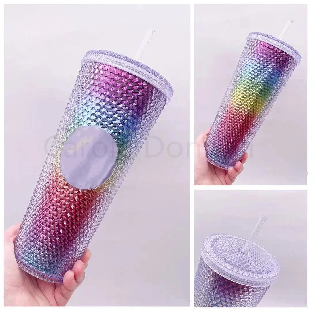 Double-Layer Durian Cup Diamond Radiant Goddess Straw Cup Coffee Cup Summer Cold Cup Tumbler Studded Cup 710ml/24oz