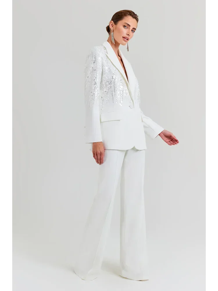 

JONN Sexy White Blazer Two Piece Set Women Long Sleeves Sequins Blazer + Flared Pants Party Runway Evening Outfits