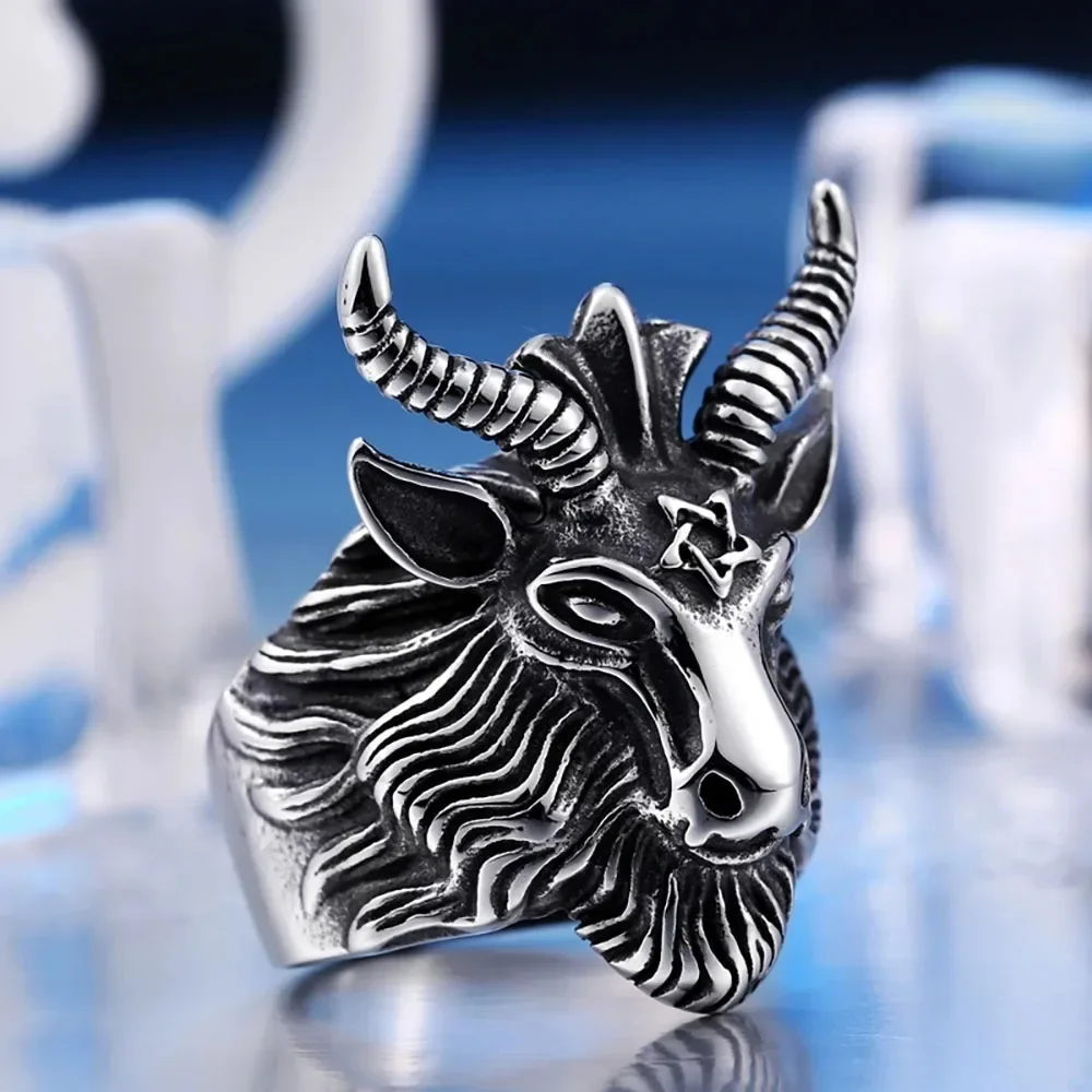 New Simple Vintage Trend Satanic Goat Ring Men\'s Gothic Lucifer Goat Head Satanic Skull Ring Street Niche Party Boy Jewelry Gift