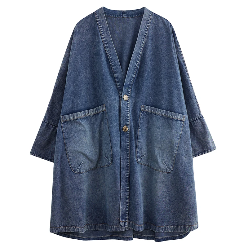 Large Women\'s 2023 New Autumn Fashion Literary V-neck Pocket Denim Coat Loose Medium Length Windbreaker