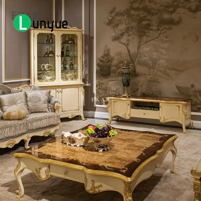 Solid Wood Handmade Antique Oval Coffee Table with Marble Top Hand Carved Rose Art Design Living Room Furniture Hot Sale