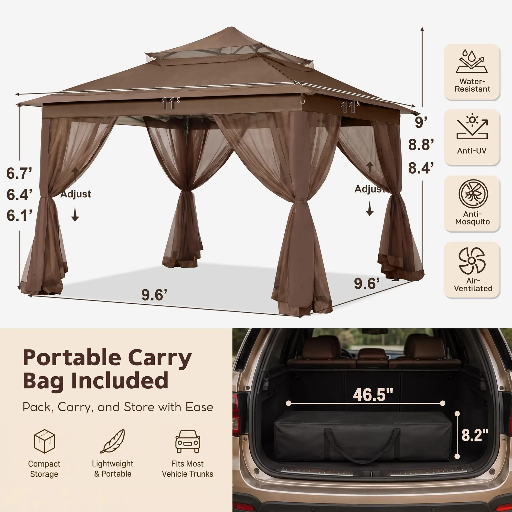 Pop Up Gazebo with Netting Screen Walls,Brown,11x11 ft