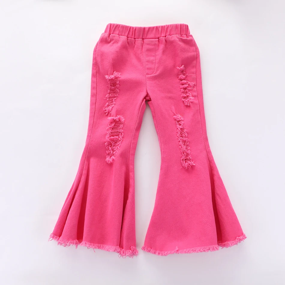 

New Summer Season Little Girls Denim Collection Flared Long Pants with Distressed Details Soft Stretchy Fit for Casual Playwear