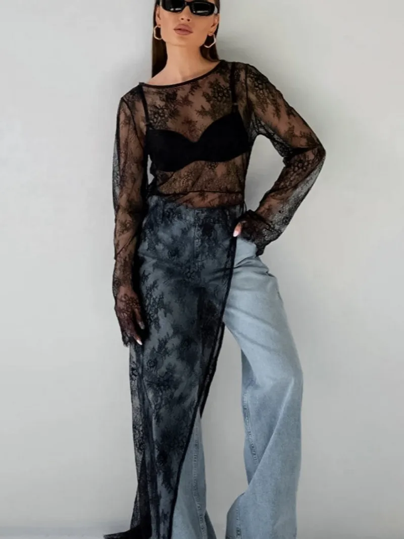 Robe longue en dentelle transparente noire pour femmes, Sexy, col rond, manches longues, ajouré, fente haute, T-shirt irrégulier, 2024