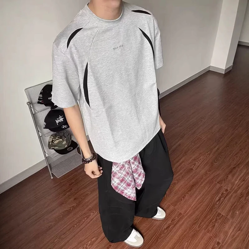 WTHT Fashion Men's Hollow Out Patchwork Design Loose T-shirts Trendy American Style O-neck Tops Male 2026 Summer 2A2958
