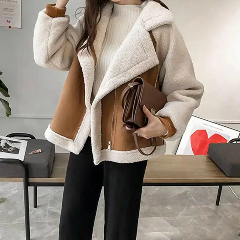 Women Jacket Long Sleeve Lambswool Coat Stylish Lambswool Windproof Coat with Zippered Pockets for Women Warm Winter Jacket