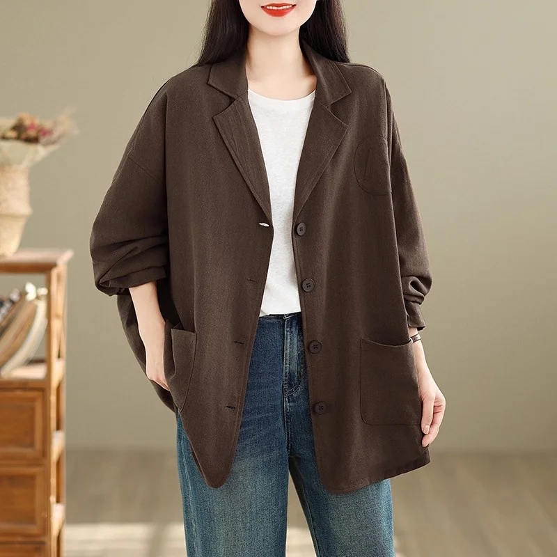 リネンブレザー レディースコート：春夏カジュアル長袖ジャケット、ゆったりフィットのオープンフロントブレザー（裏地付き）、無地 W1842