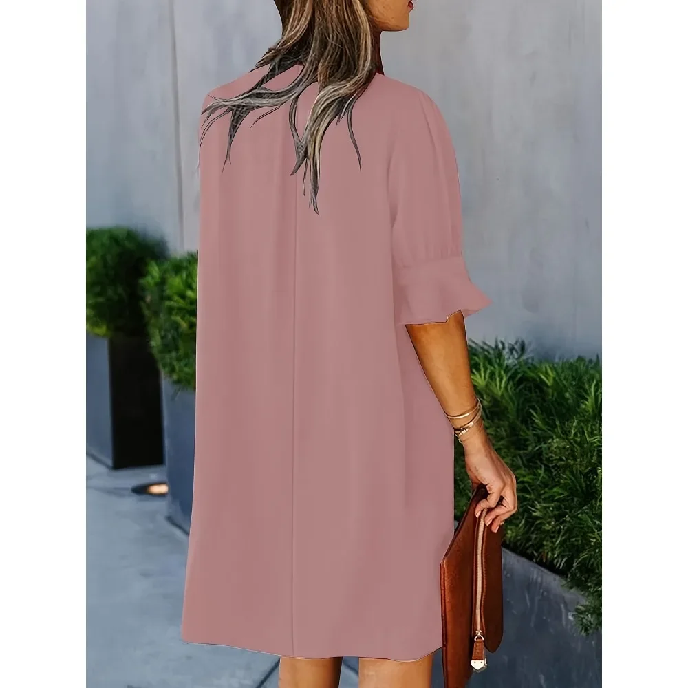플러스 사이즈 1XL-5XL 여성 패션 반팔 드레스 여성용 솔리드 컬러 브이넥 컷아웃 드레스 드레스