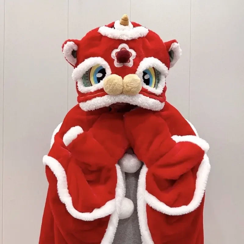 Q Version Chinese New Year Mascot Red Lion Cloak Hoodies Christmas Gift Cosplay Cute Lion Hat / Gloves Blanket Flannel Cloak