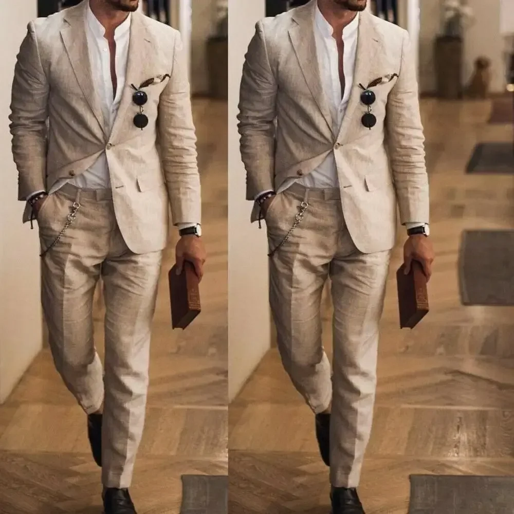 

Beige Linen Men's Suits Summer 2 Pieces Casual Male Beach Wedding Dress Italian Blazer Hombre Groom Tuxedos Jacket Pants Sets